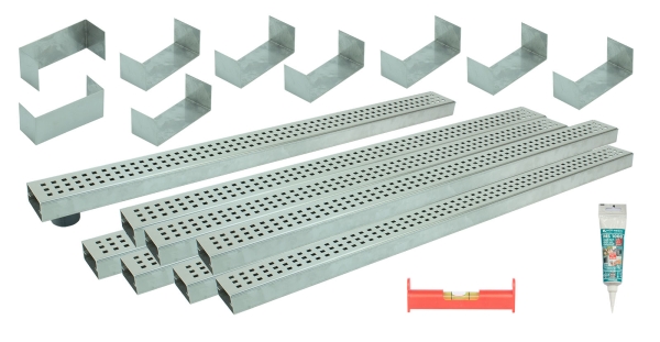 Entwässerungsrinnen Edelstahl superflach Rost Quadratlochung SET Typ 8, System 35/80